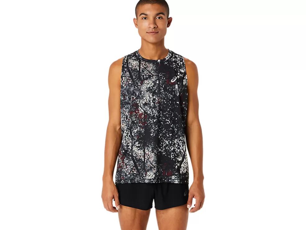 Shop ASICS ALL OVER PRINT SINGLET Performance Black/Antique Red