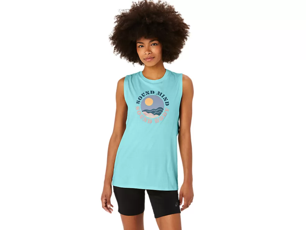 Fashion ASICS SUN IN THE SKY SLOGAN MUSCLE TEE Clear Blue