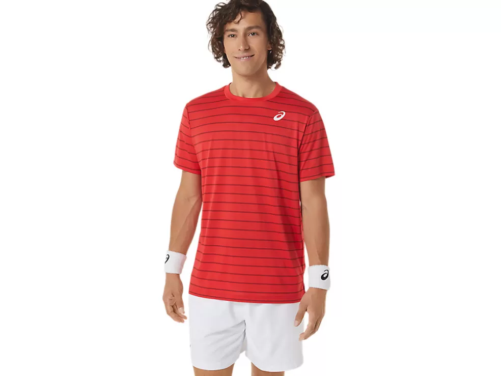 Sale ASICS MEN COURT STRIPE SHORT SLEEVE TOP Classic Red