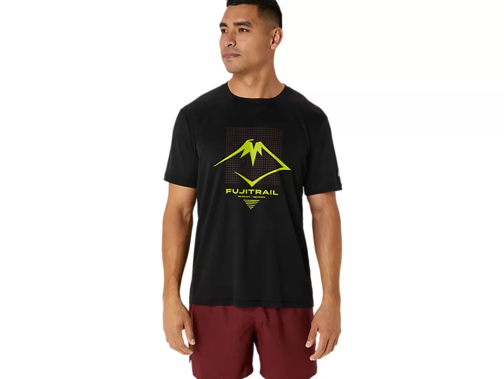 Best Sale ASICS MEN FUJITRAIL LOGO SHORT SLEEVE TOP Performance Black/Antique Red/Neon Lime