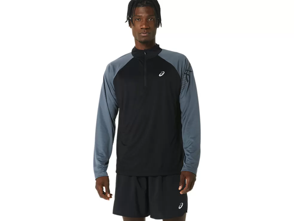 Clearance ASICS MEN ICON LONG SLEEVE 1/2 ZIP Performance Black/Carrier Grey